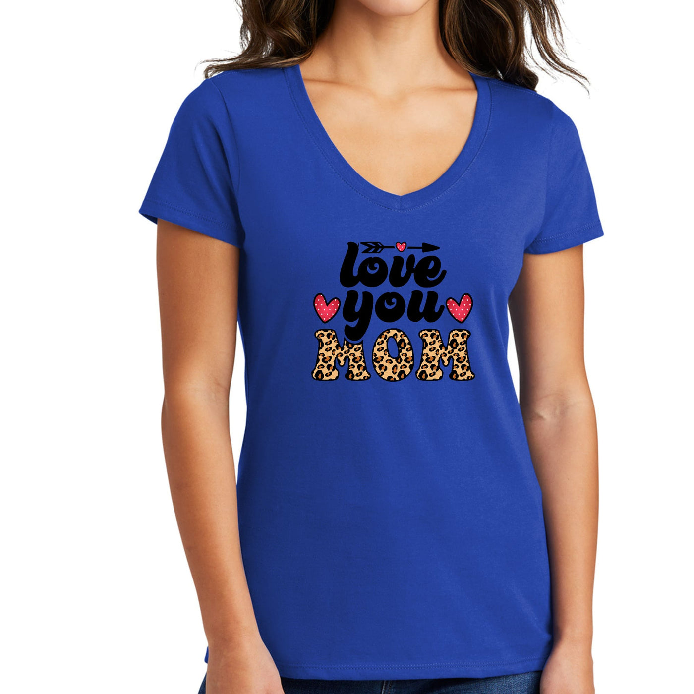 Womens V - neck Graphic T - shirt Love You Mom Leopard Print - Womens | T