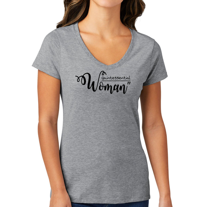 Womens V-neck Graphic T-shirt - Quintessential Woman Black Illustration