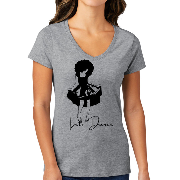 Womens V-neck Graphic T-shirt Say it Soul Lets Dance Black Line Art - Womens