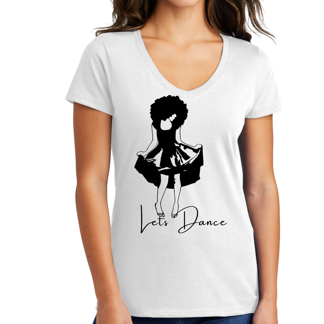 Womens V-neck Graphic T-shirt Say it Soul Lets Dance Black Line Art - Womens