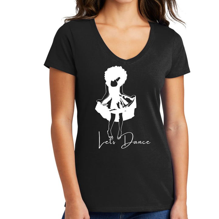 Womens V-neck Graphic T-shirt Say it Soul Lets Dance White Line Art - Womens