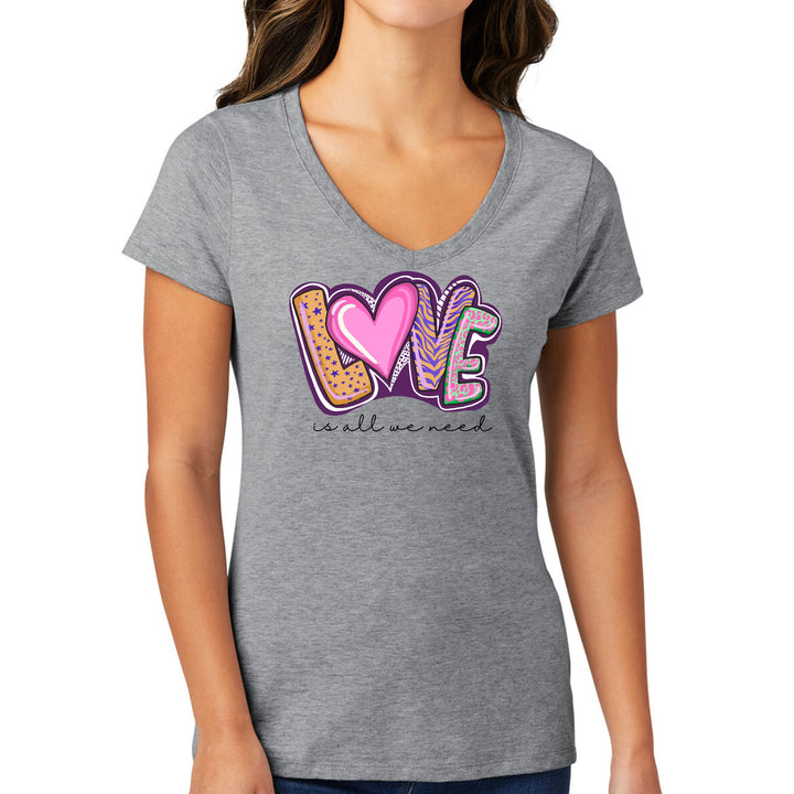 Womens V-neck Graphic T-shirt Say it Soul - Love is All we Need - Womens