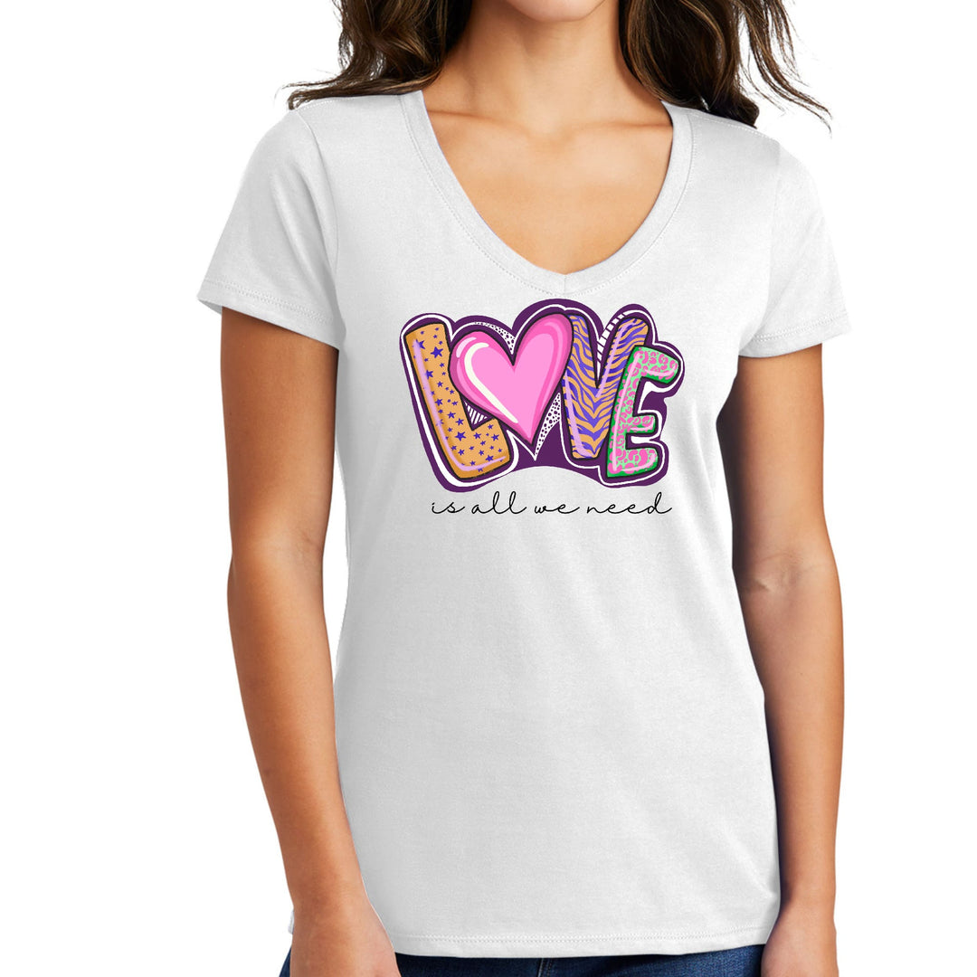 Womens V-neck Graphic T-shirt Say it Soul - Love is All we Need - Womens