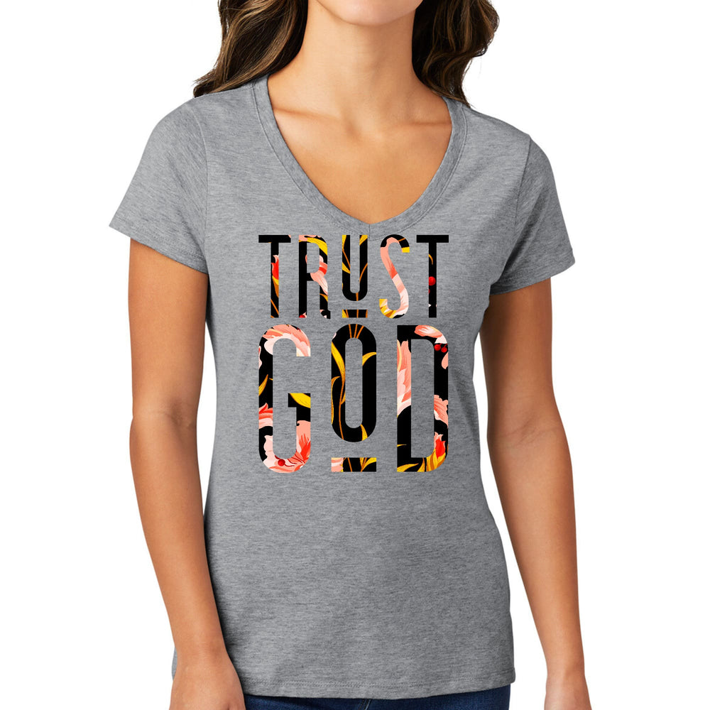 Womens V-neck Graphic T-shirt Trust God Floral Print - Womens | T-Shirts