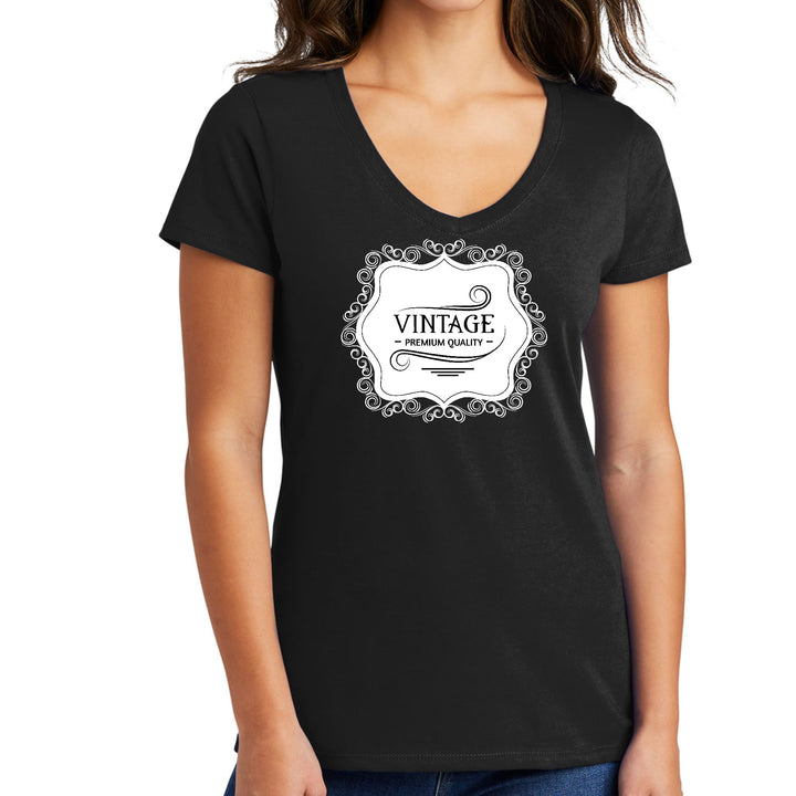 Womens V-neck Graphic T-shirt Vintage Premium Quality White Black - Womens