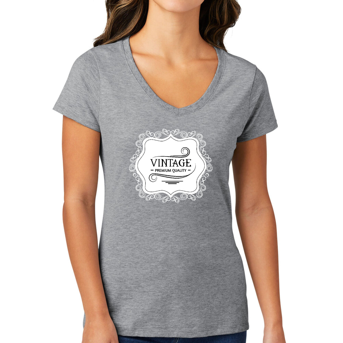 Womens V - neck Graphic T - shirt Vintage Premium Quality White Black - Womens