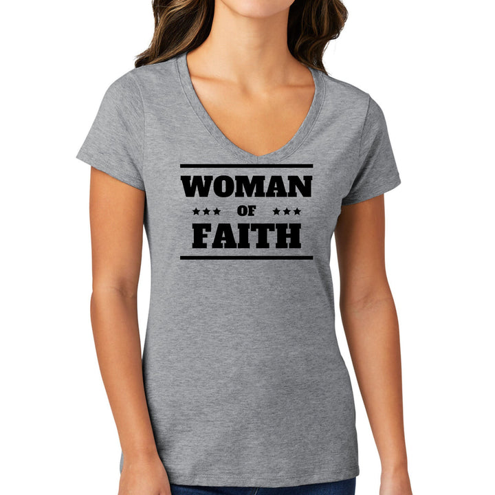 Womens V-neck Graphic T-shirt Woman of Faith Black Illustration - Womens