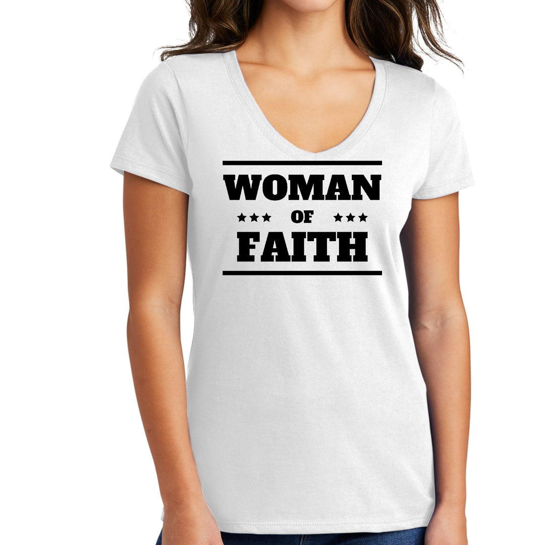 Womens V-neck Graphic T-shirt Woman of Faith Black Illustration - Womens