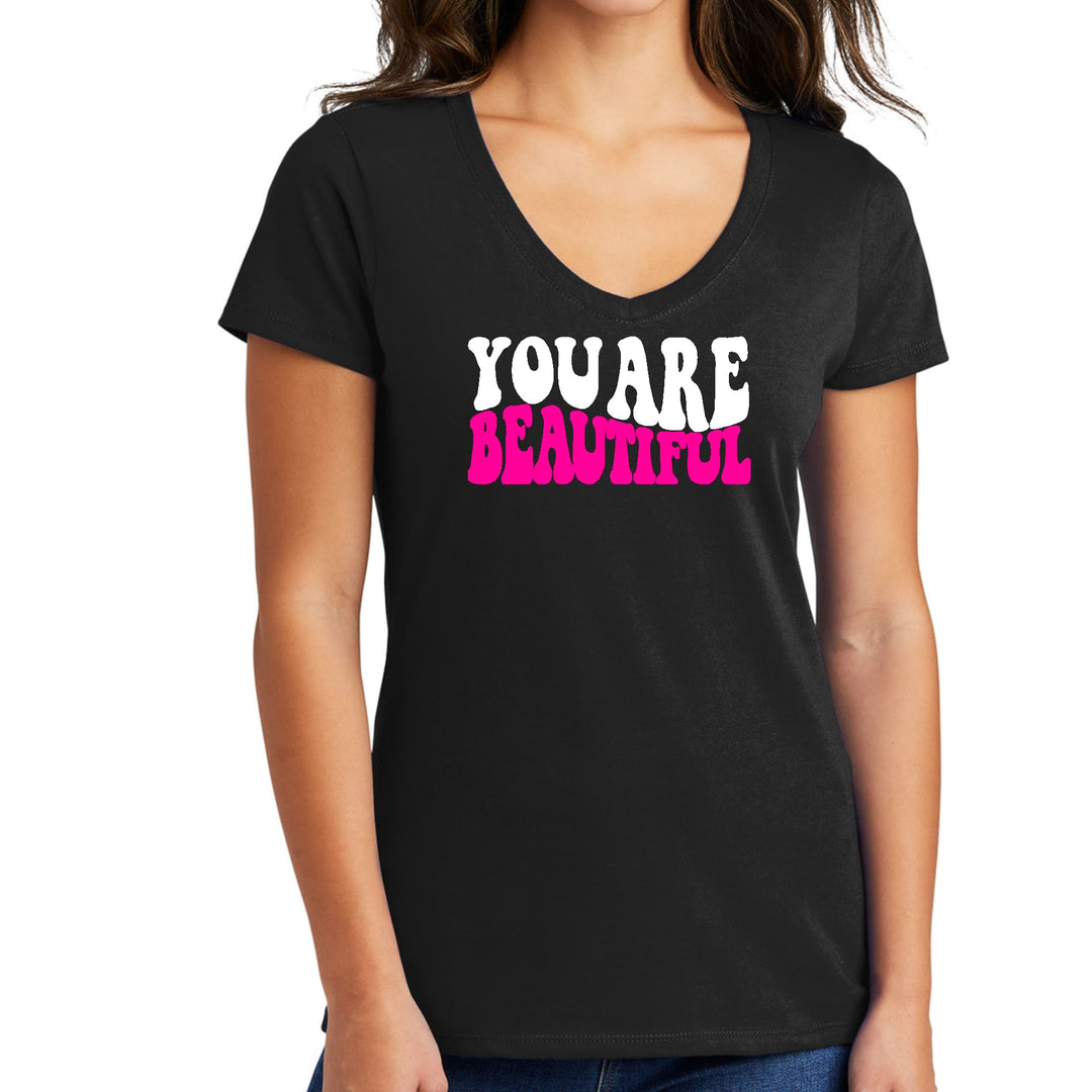 Womens V-neck Graphic T-shirt you are Beautiful Pink White - Womens | T-Shirts