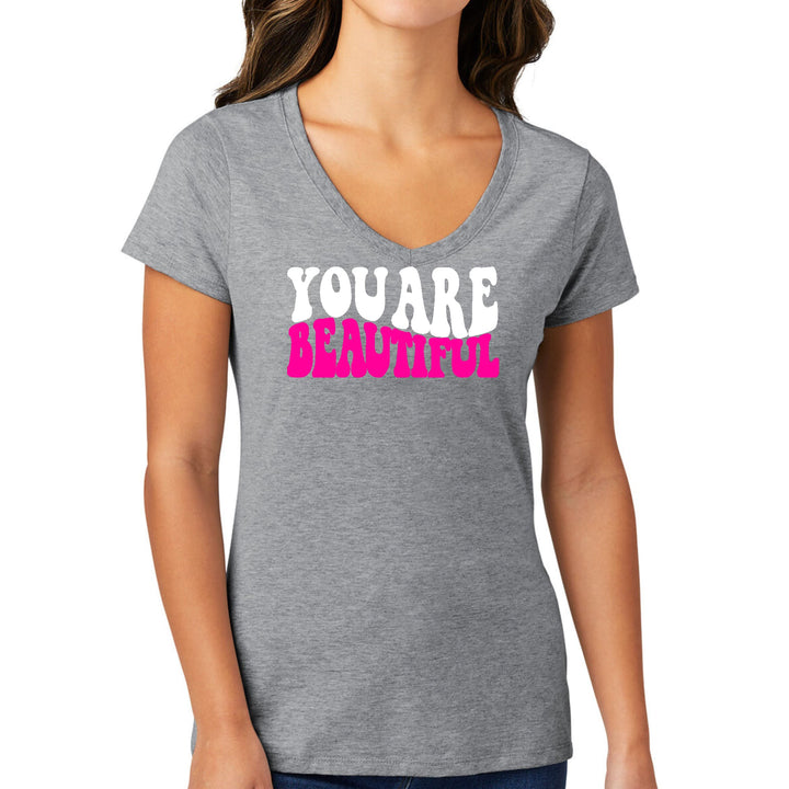 Womens V-neck Graphic T-shirt you are Beautiful Pink White - Womens | T-Shirts