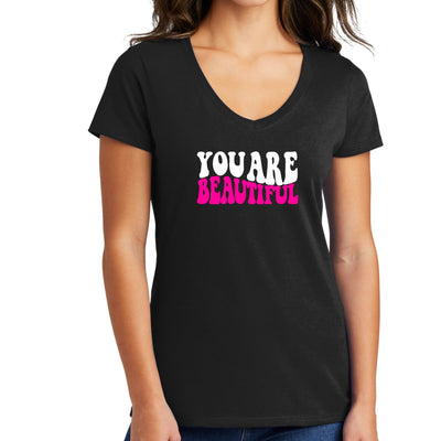 Womens V - neck Graphic T - shirt You Are Beautiful Pink White - Womens | T