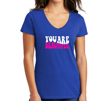 Womens V - neck Graphic T - shirt You Are Beautiful Pink White - Womens | T