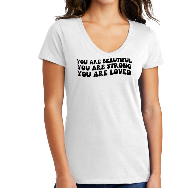 Womens V-neck Graphic T-shirt you are Beautiful Strong Black - Womens