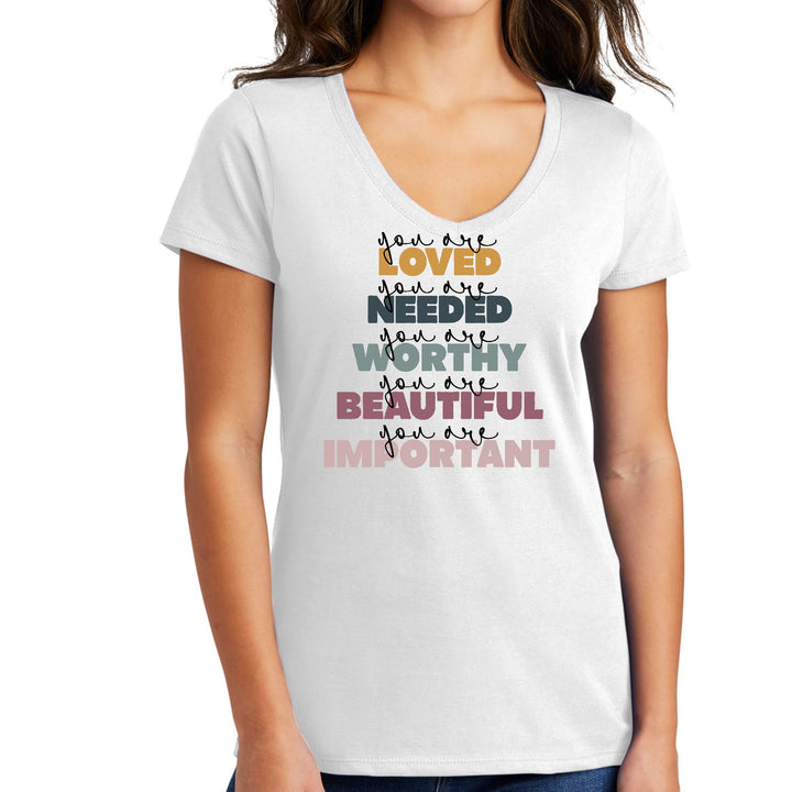 Womens V-neck Graphic T-shirt you are Loved Inspiration Affirmation - Womens