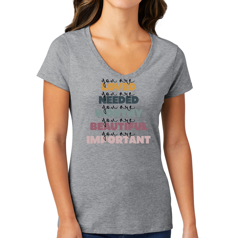 Womens V-neck Graphic T-shirt you are Loved Inspiration Affirmation - Womens