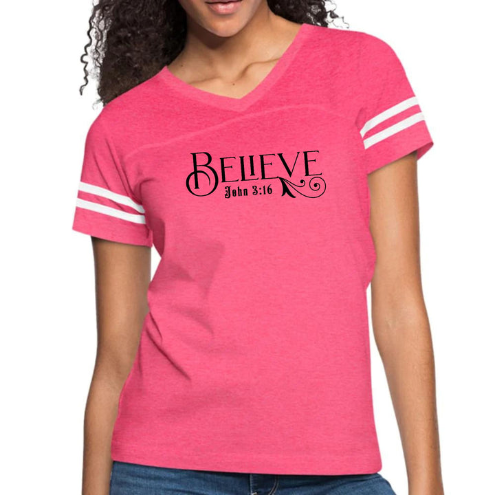 Womens Vintage Sport Graphic T-shirt - Believe John 3:16 Black