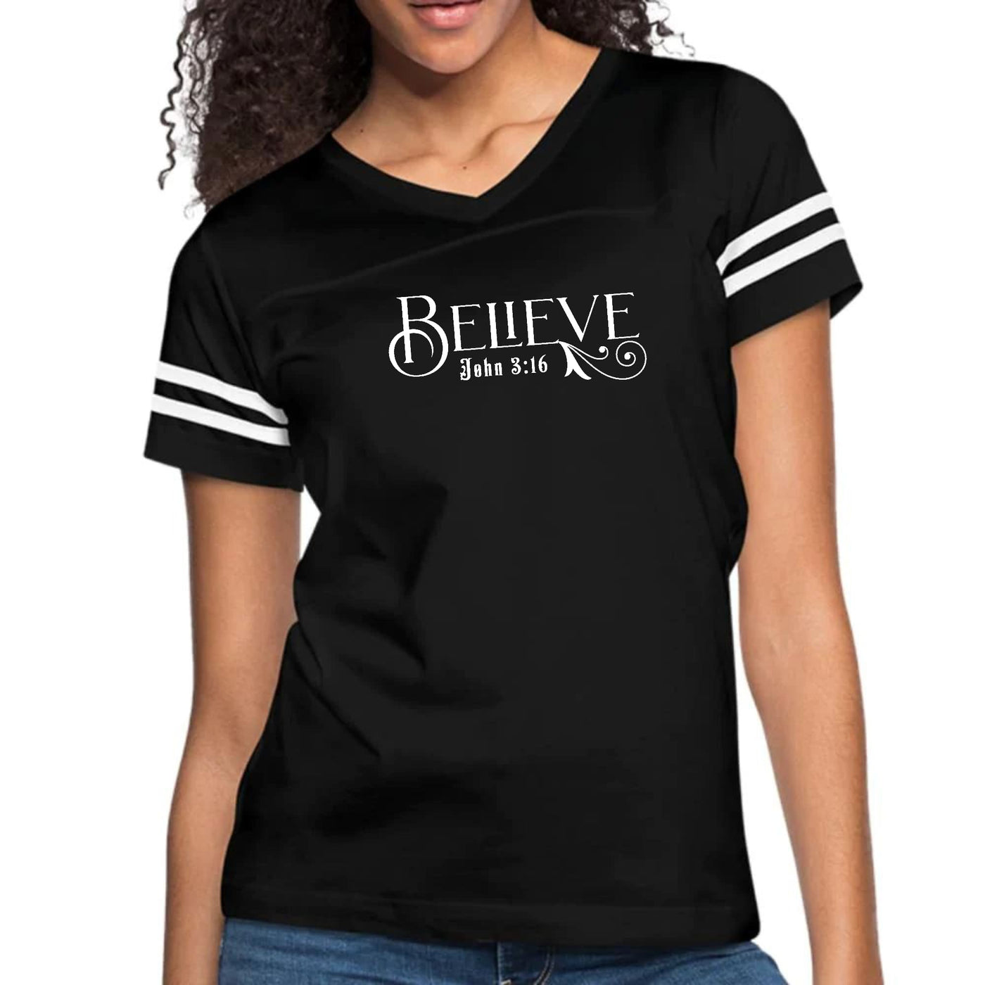 Womens Vintage Sport Graphic T-shirt Believe John 3:16 - T-Shirts