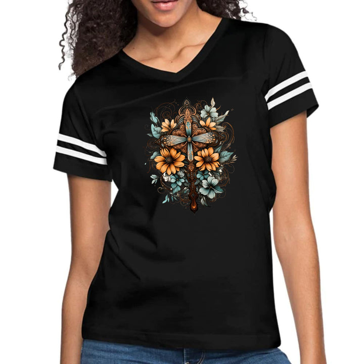 Womens Vintage Sport Graphic T-shirt - Christian Cross Floral Bouquet