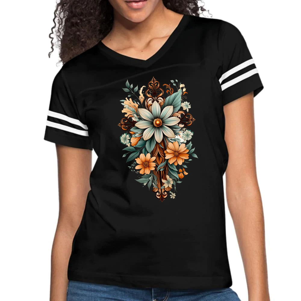 Womens Vintage Sport Graphic T-shirt - Christian Cross Floral Bouquet