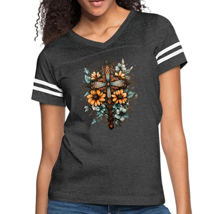 Womens Vintage Sport Graphic T-shirt - Christian Cross Floral Bouquet