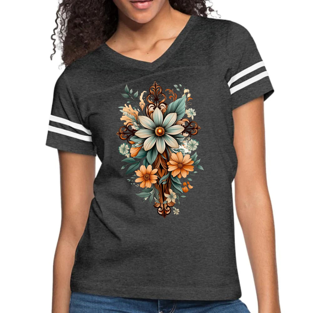 Womens Vintage Sport Graphic T-shirt - Christian Cross Floral Bouquet
