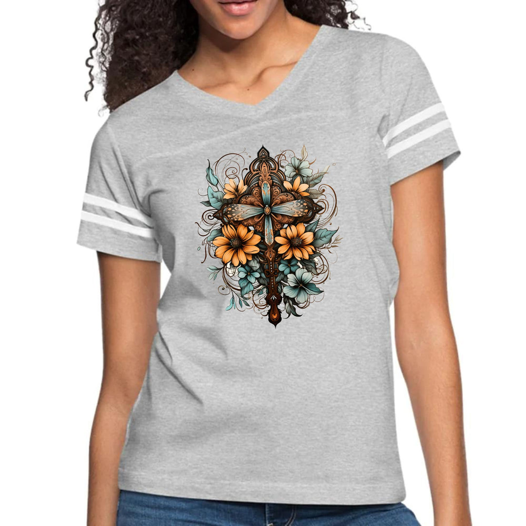 Womens Vintage Sport Graphic T-shirt - Christian Cross Floral Bouquet