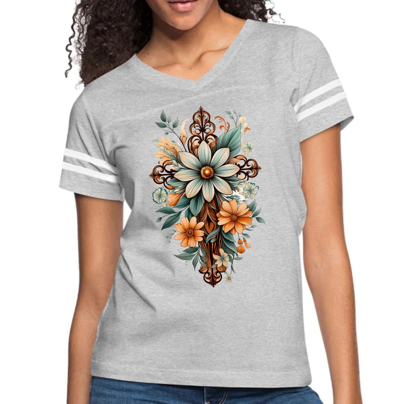 Womens Vintage Sport Graphic T-shirt Christian Cross Floral Bouquet - Womens