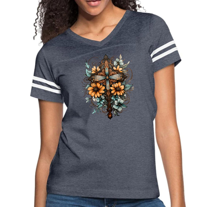 Womens Vintage Sport Graphic T-shirt - Christian Cross Floral Bouquet