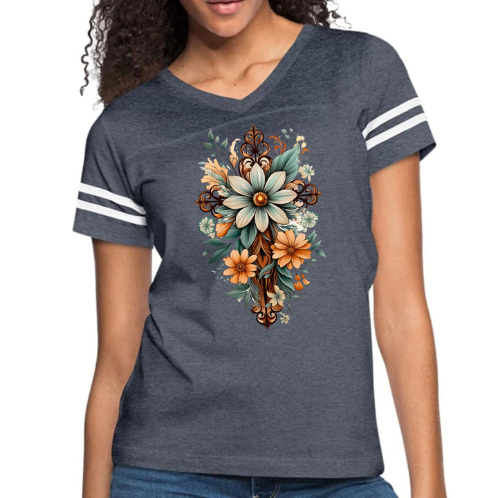 Womens Vintage Sport Graphic T-shirt - Christian Cross Floral Bouquet
