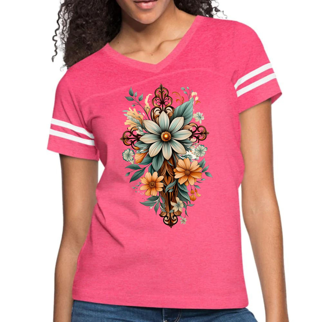 Womens Vintage Sport Graphic T-shirt - Christian Cross Floral Bouquet