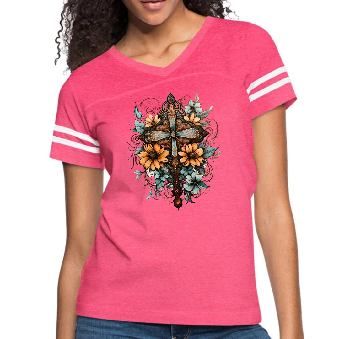 Womens Vintage Sport Graphic T-shirt - Christian Cross Floral Bouquet