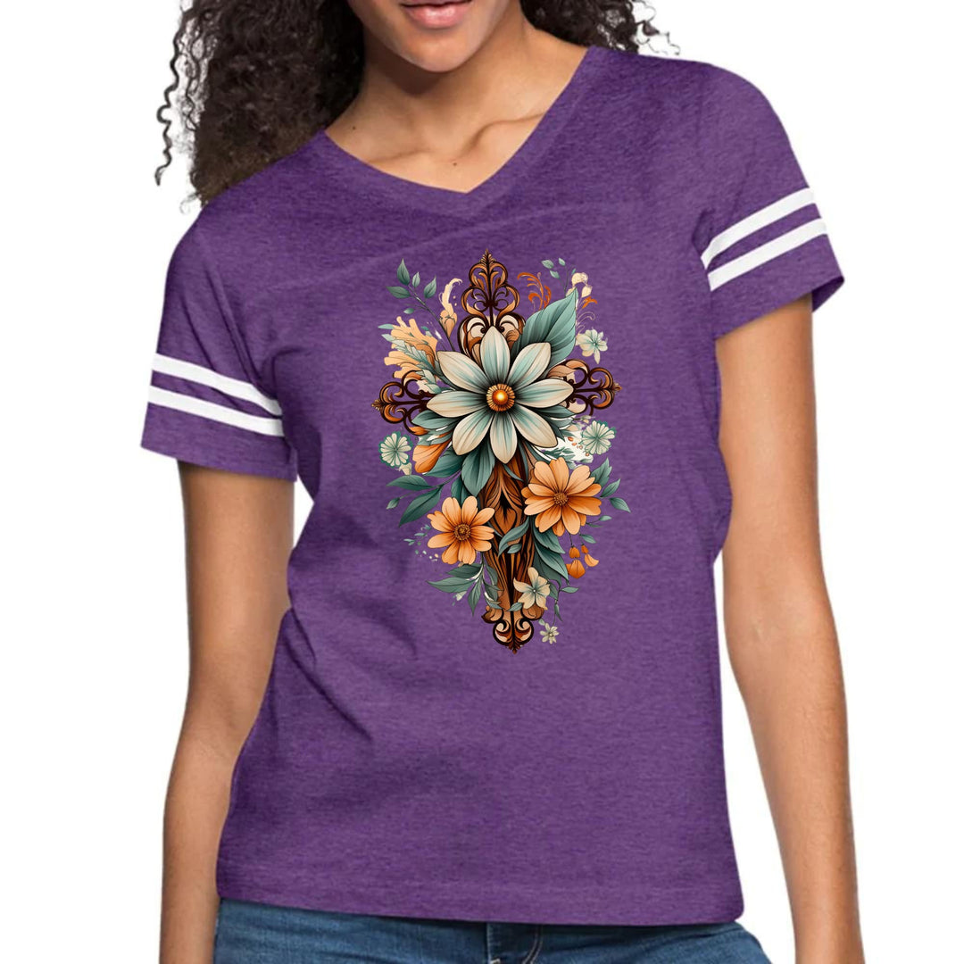 Womens Vintage Sport Graphic T-shirt - Christian Cross Floral Bouquet