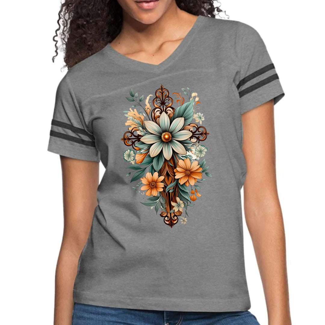 Womens Vintage Sport Graphic T-shirt - Christian Cross Floral Bouquet