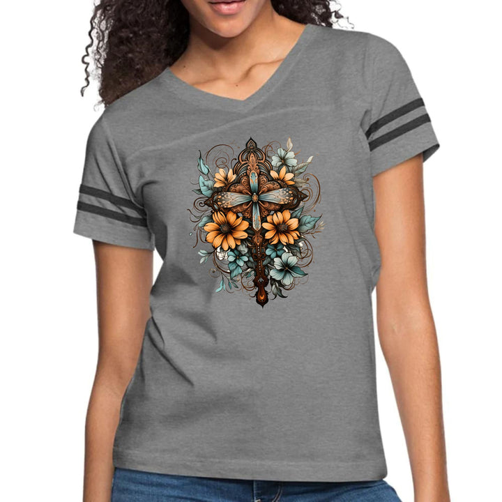 Womens Vintage Sport Graphic T-shirt - Christian Cross Floral Bouquet