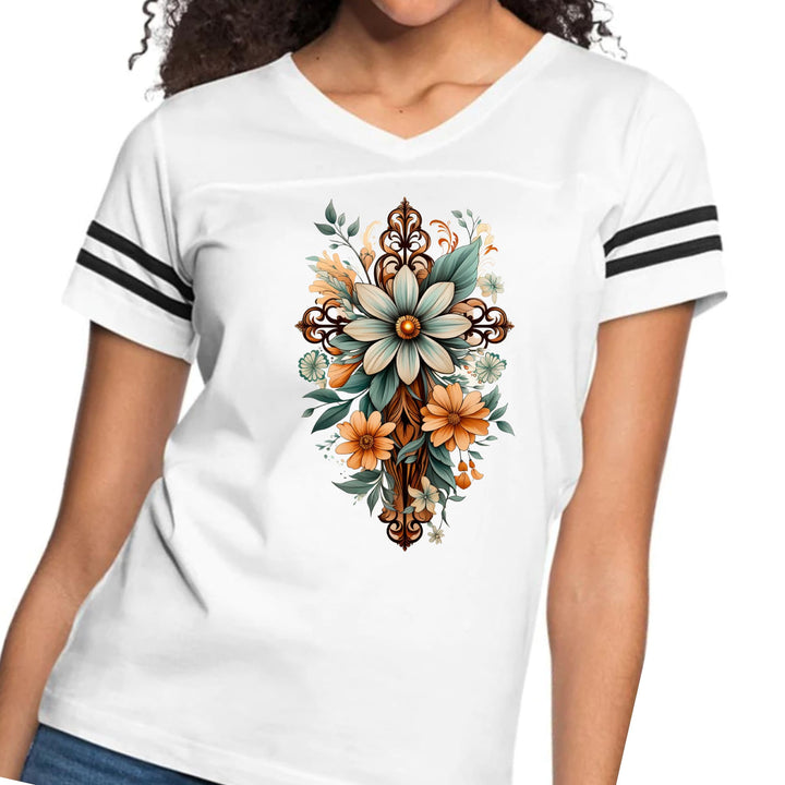 Womens Vintage Sport Graphic T-shirt - Christian Cross Floral Bouquet