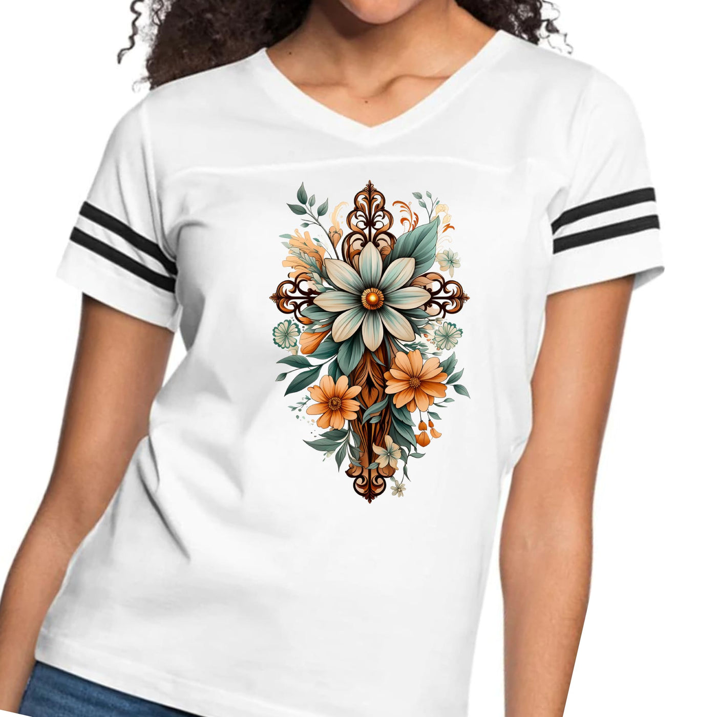 Womens Vintage Sport Graphic T-shirt Christian Cross Floral Bouquet - Womens