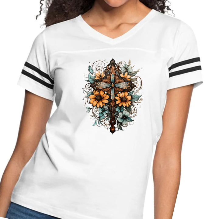 Womens Vintage Sport Graphic T-shirt - Christian Cross Floral Bouquet