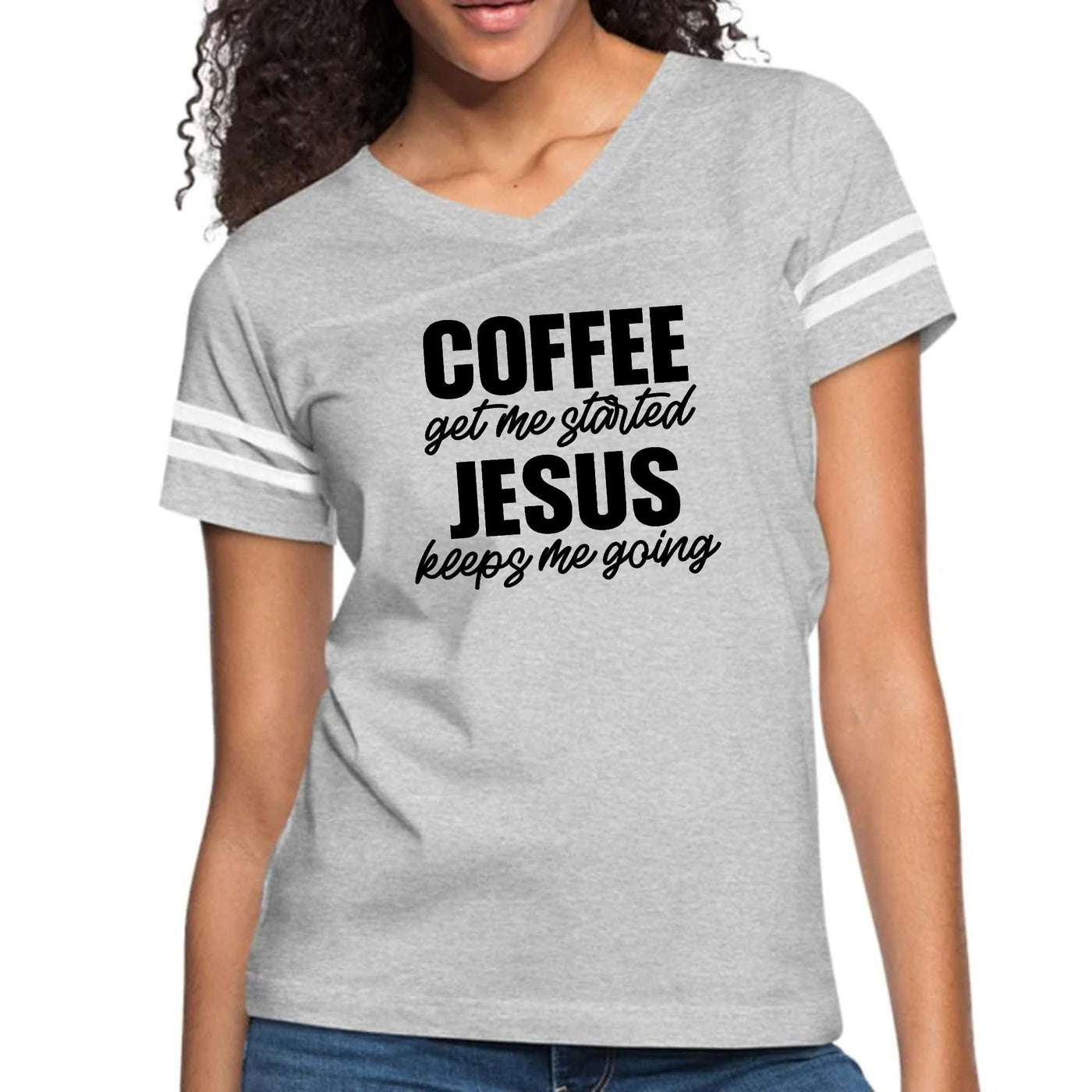 Womens Vintage Sport Graphic T-shirt Coffee Get Me Started Jesus - Womens