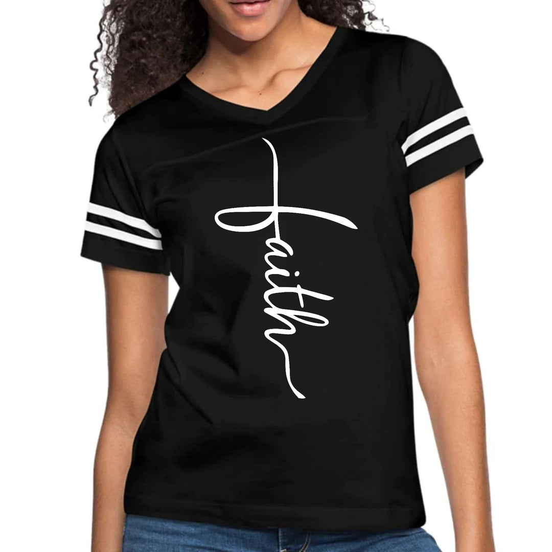 Womens Vintage Sport Graphic T-shirt - Faith Script Cross Illustration