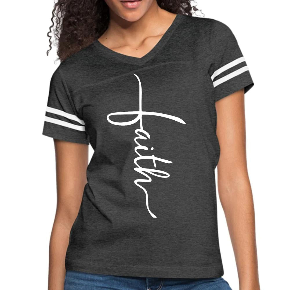 Womens Vintage Sport Graphic T-shirt - Faith Script Cross Illustration