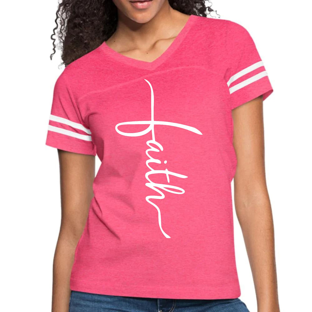 Womens Vintage Sport Graphic T-shirt - Faith Script Cross Illustration