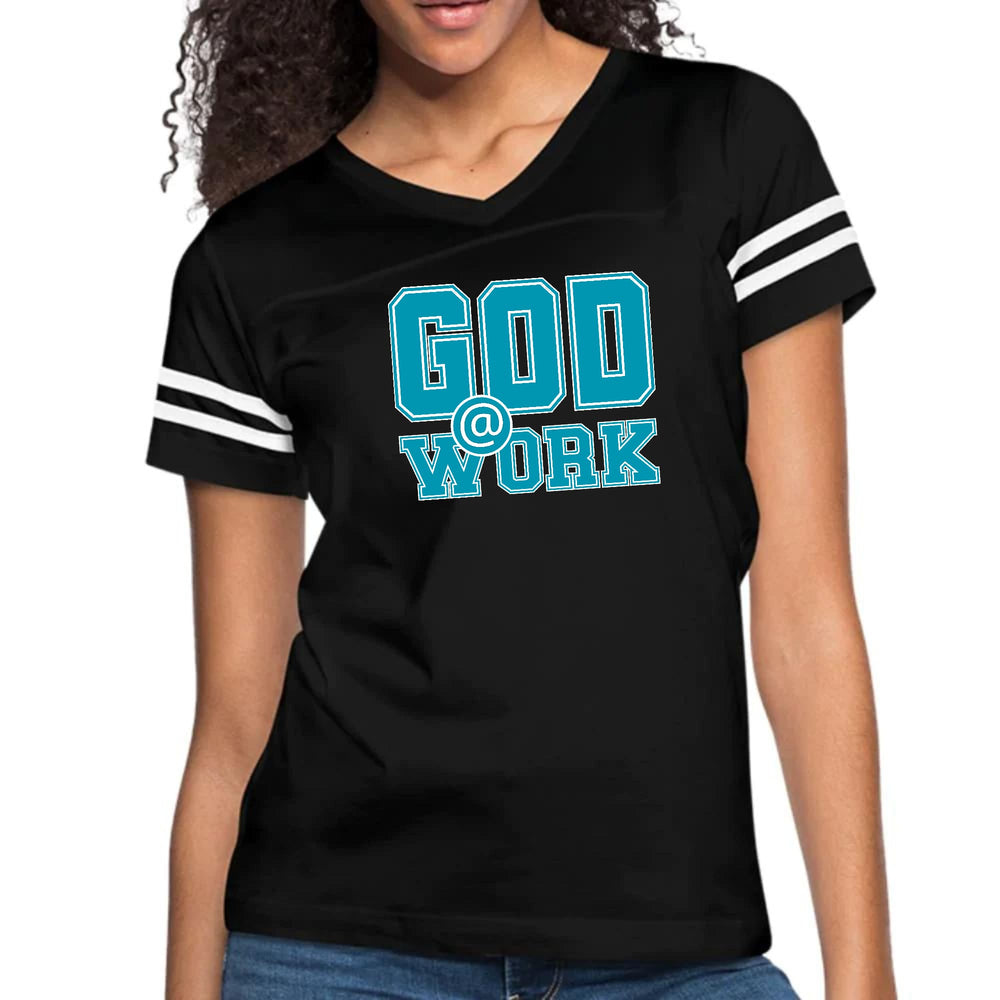 Womens Vintage Sport Graphic T-shirt - God @ Work Blue Green and White