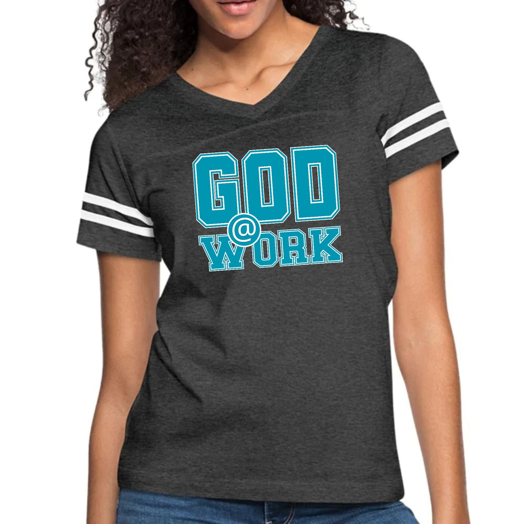 Womens Vintage Sport Graphic T-shirt - God @ Work Blue Green and White