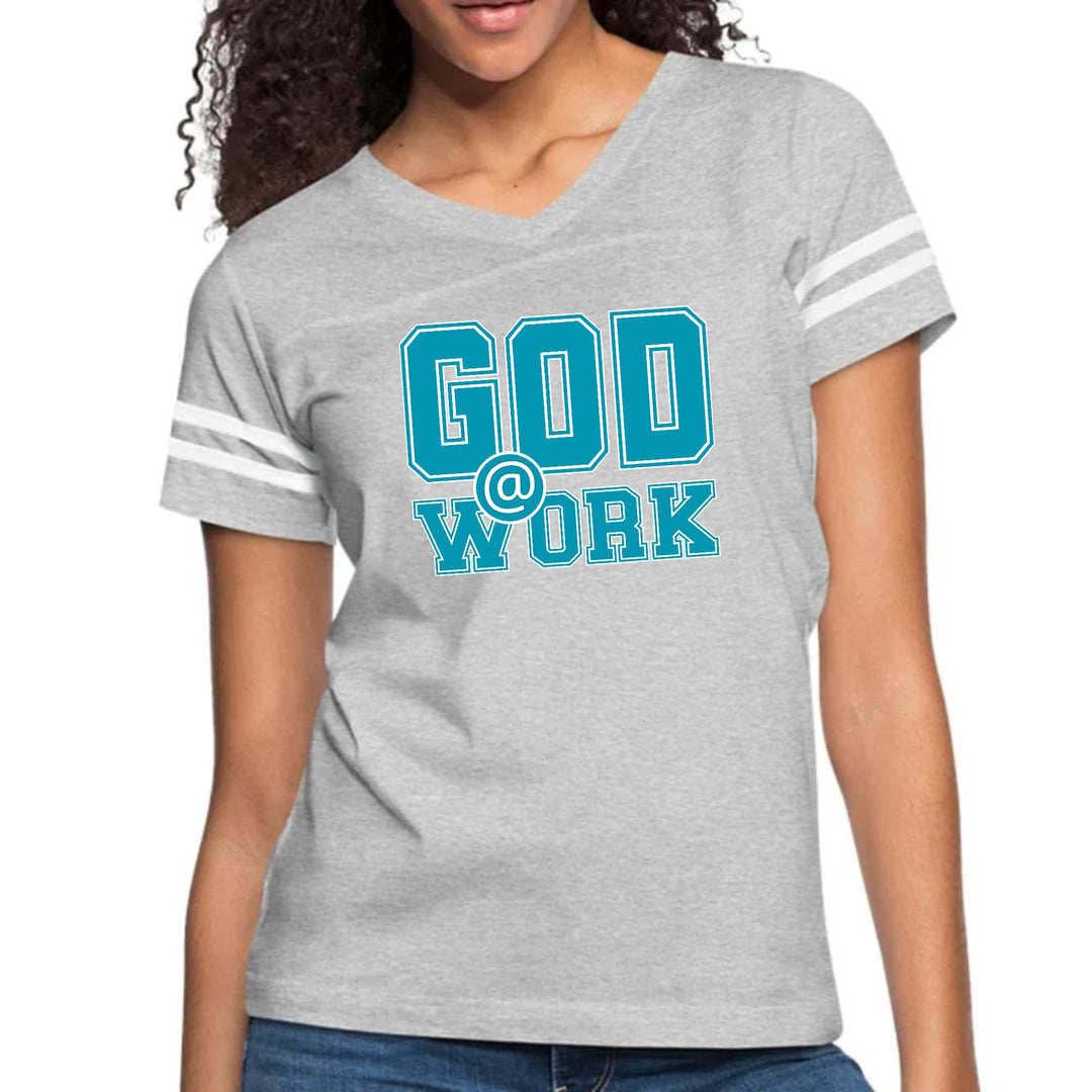 Womens Vintage Sport Graphic T-shirt - God @ Work Blue Green and White