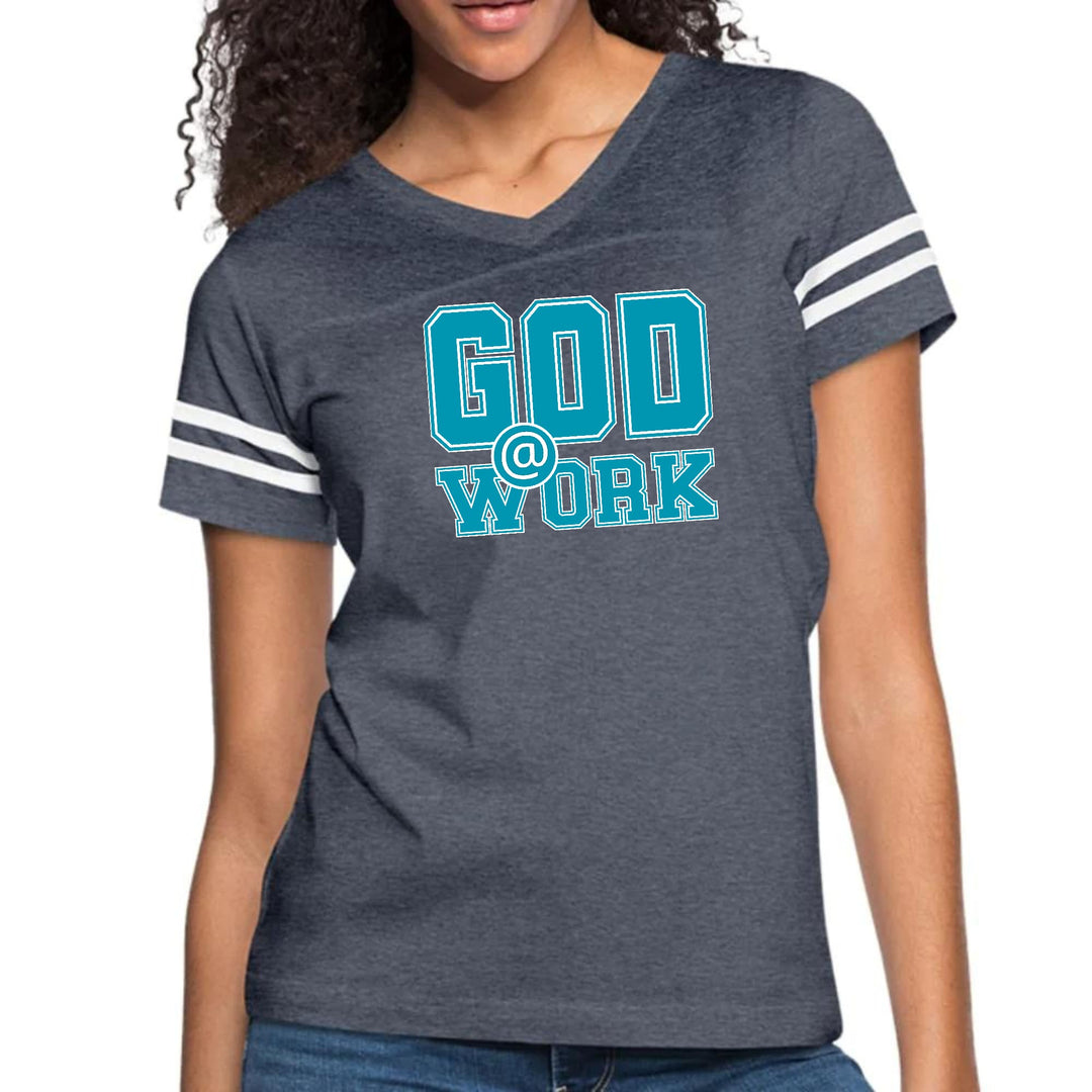 Womens Vintage Sport Graphic T-shirt - God @ Work Blue Green and White