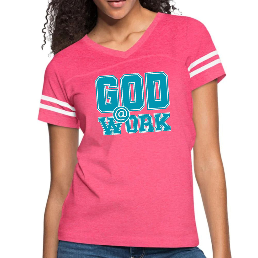 Womens Vintage Sport Graphic T-shirt - God @ Work Blue Green and White