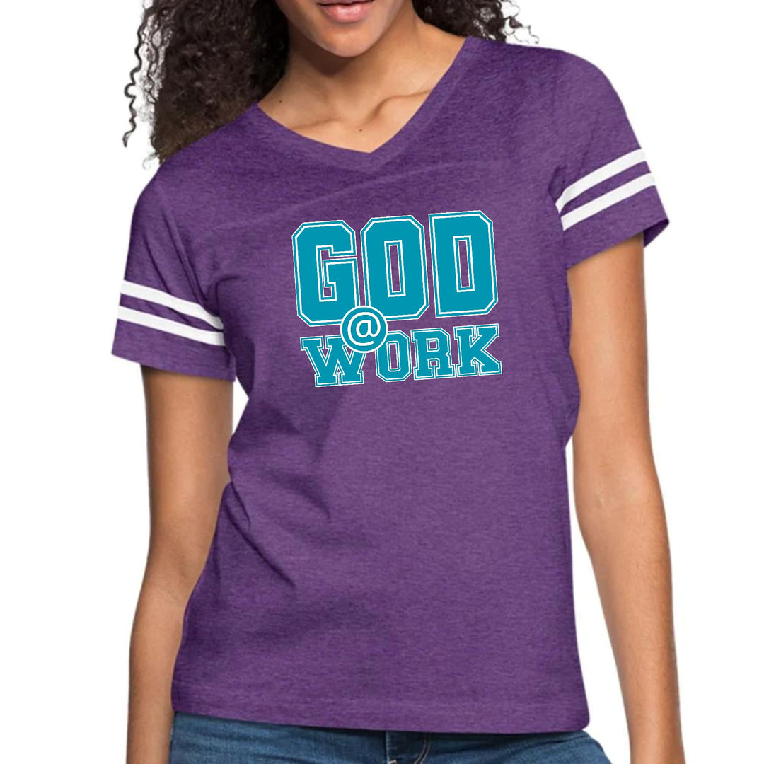 Womens Vintage Sport Graphic T-shirt - God @ Work Blue Green and White