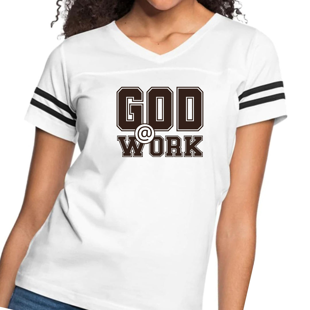 Womens Vintage Sport Graphic T-shirt - God @ Work Brown and White Print