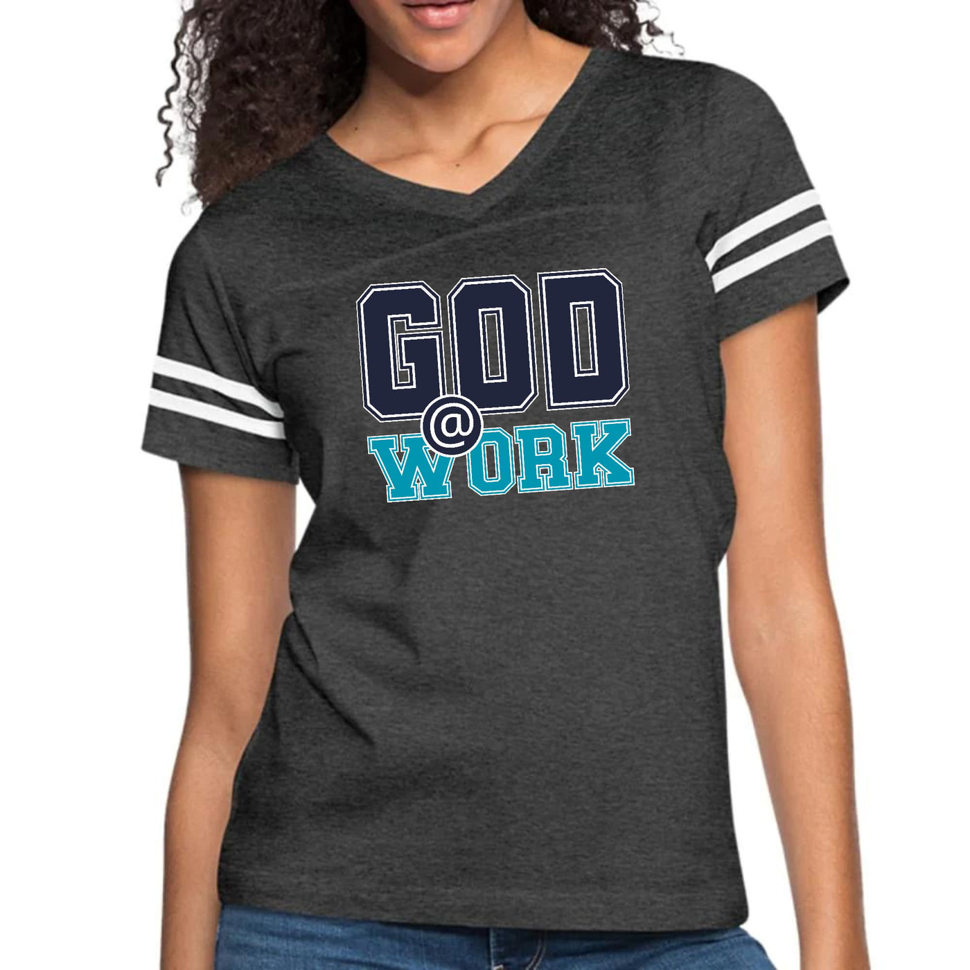 Womens Vintage Sport Graphic T-shirt God @ Work Navy Blue And Blue - Womens