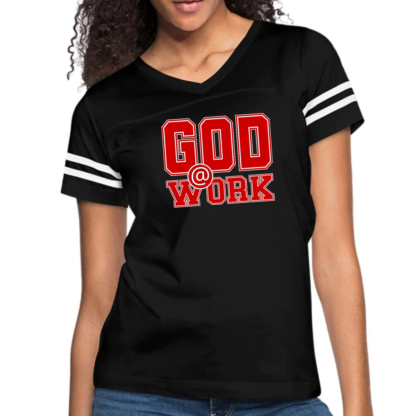 Womens Vintage Sport Graphic T-shirt God @ Work Red And White Print - Womens